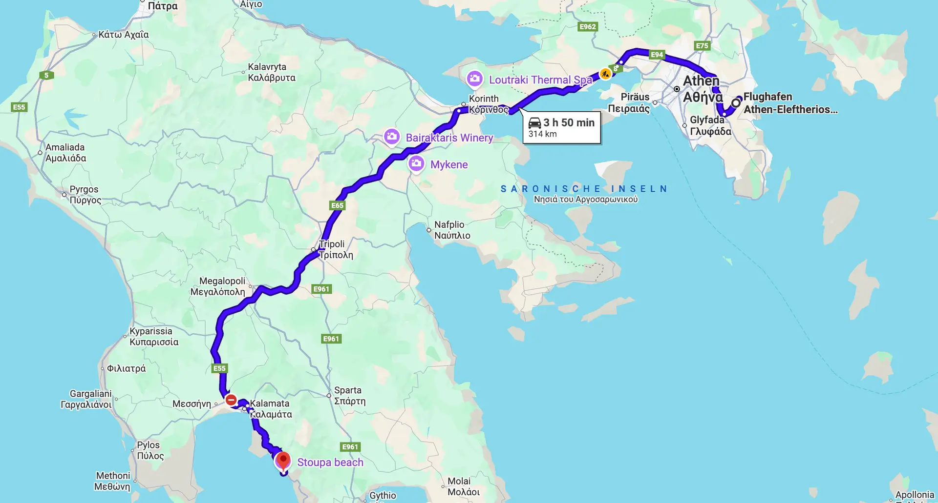 Karte von Griechenland mit einer Reiseroute vom Flughafen in Athen nach Stoupe über Korinth, Fahrzeit 3 Stunden 50 Minuten und 314 Kilometer.